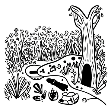 An overgrown hedgerow winding through an old garden, with thick, tangled branches reaching out in various directions. Wildflowers and weeds peek from the gaps in the foliage, creating a complex texture. Weathered stone pathways are partially hidden beneath the overgrowth, leading deeper into the garden. An assortment of ancient, rusted garden tools lies forgotten among the plants, further adding to the scene's abandoned feel. A tall, gnarled tree stands nearby, its bark rugged and uneven, casting intricate shadows on the ground.