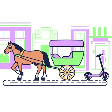 A street scene depicting a horse-drawn carriage alongside an electric scooter. The carriage is pulled by a brown horse, adorned with a simple harness that attaches it to the carriage. The carriage itself features wooden wheels and an open seating area with a canopy overhead. Next to the carriage, an electric scooter stands upright on the cobblestone street, showcasing its sleek design and two sturdy wheels. In the background, a row of quaint storefronts lines the street, with a few pedestrians strolling by. The sky above is clear, emphasizing the lively atmosphere of the scene.
