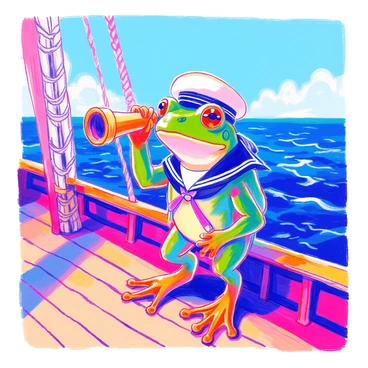 A green frog wearing a classic navy blue sailor outfit is standing on the deck of a ship. The sailor outfit includes a white sailor's cap and a blue and white striped shirt. The frog is holding a brass telescope up to its eye, scanning the horizon. The ship deck is made of polished wood, with ropes and sails visible in the background. The ocean stretches out in the distance under a clear blue sky.
