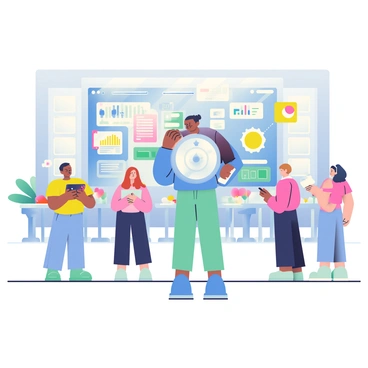 An AI agent with a sleek, futuristic design is shown coordinating a large event. The agent has a luminous blue interface displaying various data points and charts on a digital dashboard in front of it. Bright icons representing tasks, schedules, and guest lists are scattered across the screen. Surrounding the AI agent are diverse people, including event planners and assistants, discussing arrangements and checking details on their tablets. The background features a spacious event hall with elegant decorations and tables set up for guests.