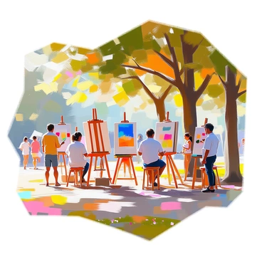An outdoor art workshop taking place in a Bordeaux park. Several easels are positioned around tall, leafy trees, providing shade for the artists. A diverse group of people, including men and women of various ages, are engaged in painting on their canvases, each displaying vibrant colors. Some artists are seated on portable stools, while others stand, focused on their work. The ground is covered with soft grass and small patches of wildflowers, adding to the natural ambiance. In the background, park visitors stroll along winding paths, enjoying the sunny day.