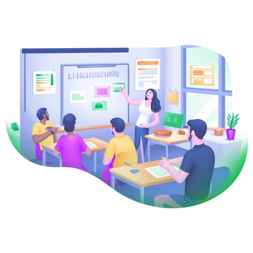 A classroom filled with adults engaged in learning essential life skills. In the front of the room, a teacher stands next to a whiteboard with the words "Life Skills Workshop" written in clear letters. The teacher is pointing toward the board, illustrating a concept. Each adult student is seated at a desk, actively participating; some are taking notes while others are discussing among themselves. The walls are decorated with motivational posters and charts related to life skills, and there's a large window allowing natural light to illuminate the space. In one corner, a small table is set up with materials for hands-on activities, such as cooking utensils and budgeting worksheets.