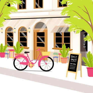 A pink bicycle with a basket is parked beside the entrance of a quaint street café. The café features an outdoor seating area with small round tables and colorful chairs. Lush green plants and flowerpots are placed around the entrance, adding to the charming atmosphere. A chalkboard sign displaying the daily specials stands by the door. The building has a cozy façade with wooden accents and large windows. Sunlight filters through the trees, creating dappled shadows on the pavement.