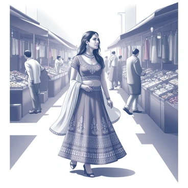 A traveler stands in the midst of a vibrant, bustling market. She wears a beautifully detailed lehenga adorned with intricate patterns and embellishments. The lehenga flows gracefully as she moves, capturing the lively atmosphere of the market around her. Stalls filled with colorful textiles, spices, and handmade crafts surround her, creating a sense of energy and activity. People bustle past, engaged in lively conversation and bargaining, while the sun casts soft shadows across the scene.