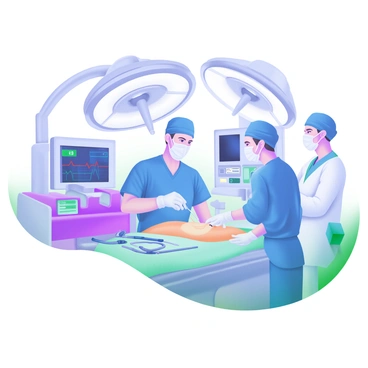 A surgical team clad in blue scrubs and masks is focused intently on an operation in a well-lit hospital operating room. The lead surgeon is positioned in the center, holding a scalpel with precision. A nurse stands to the side, ready to assist, while an anesthesiologist monitors the patient's vital signs. Surrounding them, various surgical instruments are arranged neatly on a sterile table. The room features large overhead lights illuminating the surgical field, and a digital display shows the patient’s heart rate and other vital statistics.