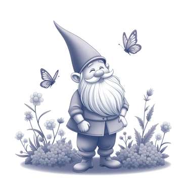 A vintage gnome with a long white beard and a pointed red hat stands in a lush garden. The gnome has a cheerful expression as he gazes at butterflies fluttering nearby. The butterflies have intricate patterns on their wings, showcasing a variety of shapes and sizes. The garden is filled with various flowers, including tall blooming plants and lush green foliage. The gnome’s outfit is made of simple, earthy materials, and he appears to be leaning slightly forward, captivated by the delicate insects around him.
