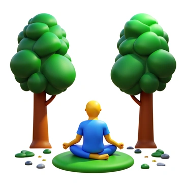 A person sitting cross-legged on a bed of soft green moss, practicing meditation. The individual is dressed in comfortable, loose-fitting clothing. Surrounding them are towering trees with thick, lush foliage, allowing dappled sunlight to filter through. The ground is scattered with fallen leaves and small rocks, creating a natural, tranquil setting.