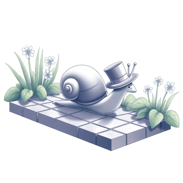 A small snail with a spiraled shell is slowly crawling along a textured garden path made of cobblestones. The snail is adorned with a tiny, elegantly designed hat that sits snugly on its head, complete with a decorative ribbon. Surrounding the path, there are lush green plants and delicate white flowers, creating a vibrant garden atmosphere. The scene captures the intricate details of the snail's shell and the fine stitching of the hat. Sunlight casts soft shadows along the path, highlighting the snail's journey.
