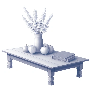 A rustic wooden table is adorned with a still life arrangement. A variety of flowers is displayed in a simple vase, showcasing different shapes and sizes. Next to the vase, there are several fruits, including apples and oranges, arranged artfully to create a pleasing composition. A closed book lies on the table, its cover textured and worn, positioned slightly open to suggest it has recently been read.