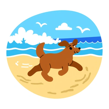 A brown dog with a shiny coat is running joyfully along the sandy beach. The dog's ears are flapping in the wind as it sprints, its tail held high. In the background, large waves crash against the shore, creating white frothy spray. The sky above is bright blue with a few fluffy white clouds. Footprints are visible in the wet sand, leading away from the water. Seagulls can be seen flying above, adding to the lively beach scene.