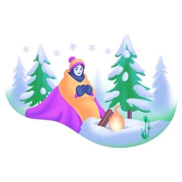 A cozy scene of a person wrapped in a "thermal blanket" sitting on the ground in a snowy forest. The person is bundled up, with a warm hat and gloves, looking content. Snow-covered pine trees rise tall in the background, their branches heavy with fresh snow. The ground is blanketed with a thick layer of snow, and small patches of grass peek through. Soft white snowflakes gently fall from the sky, adding to the serene atmosphere. A campfire crackles nearby, with a few glowing embers visible, casting a warm light on the person's face.