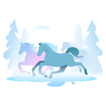 A group of ethereal horses running freely through a misty part of the fantasy forest.