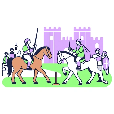 A group of young squires is practicing horseback skills in a castle's training yard. The first squire, mounted on a brown horse, is holding a lance and attempting to strike a wooden target set up on the ground. Next to him, another squire with a green tunic is trotting on a white horse, focusing on maintaining balance. A third squire, wearing a blue cape, is watching intently from the side while holding a shield. In the background, the stone walls of the castle rise high, with battlements visible against the sky. A few training dummies are placed around the yard, and a couple of spectators are watching from a nearby stone bench.