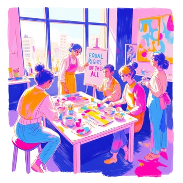 A group of artists of all genders is gathered in a bright, open studio space. Each artist is focused on creating their own unique protest banner for gender equality. One artist, wearing a paint-splattered apron, is painting bold letters on a large canvas, with the words "Equal Rights for All" prominently displayed. Another artist is crafting a banner with intricate designs, featuring symbols of unity and empowerment. Colorful paints and brushes are scattered across the tables, and the walls are adorned with various banners in progress. Sunlight filters through large windows, illuminating the vibrant colors and creative energy in the room.