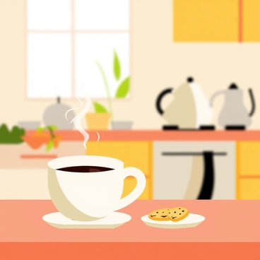 A ceramic cup filled with dark brown hot tea sits on a wooden table in a cozy kitchen. The surface of the tea emits gentle steam curls that rise gracefully into the air. A small plate with cookies is placed next to the cup, and a window in the background reveals a glimpse of greenery outside. Warm, soft lighting illuminates the kitchen, creating a welcoming atmosphere. A kettle is seen on the stove, hinting at the recent preparation of the tea.