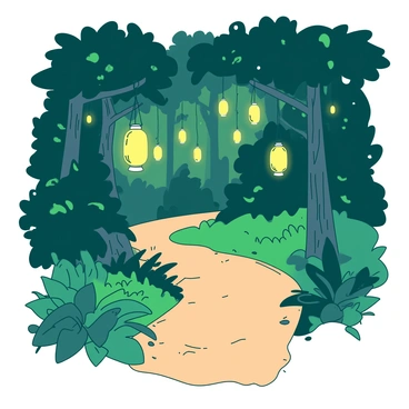 A winding path made of soft earth curves through a dense forest, surrounded by tall, leafy trees. Glowing lanterns hang from the branches, casting a warm yellow light that illuminates the path. The trees are thick and lush, their green leaves contrasting with the soft glow. In the background, shadows dance as the light flickers, creating a magical atmosphere. Ferns and small plants line the sides of the path, adding texture to the scene. The lanterns sway gently in the evening breeze, enhancing the enchanting feel of the forest.