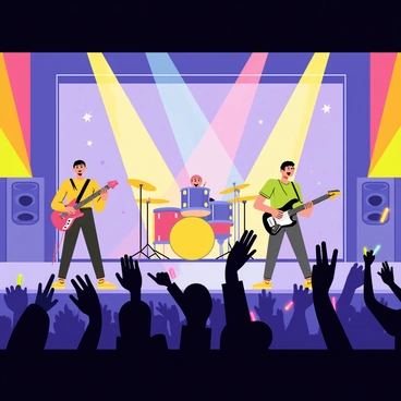 A concert scene featuring a band performing energetically on a well-lit stage. The band consists of a lead singer with a microphone, a guitarist with an electric guitar, a drummer behind a drum set, and a bassist. Colorful stage lights illuminate the band, creating a dynamic atmosphere. In front of the stage, an excited crowd is cheering and raising their hands in the air, some holding glow sticks. The background is filled with colorful banners and speakers, enhancing the lively concert vibe.