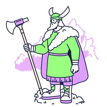 A Viking explorer is dressed in a costume featuring a fur cloak draped over his shoulders and a tunic underneath. He is wearing a horned helmet that sits firmly on his head. In his right hand, he wields a large axe with a wooden handle and a gleaming blade. The explorer has a thick beard and long hair that flows out from beneath the helmet. His sturdy boots are made of leather, and he stands confidently on a rocky surface. In the background, there are hints of a rugged landscape with towering mountains and a clear sky.