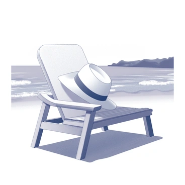 A wide-brimmed sunhat placed on the armrest of a wooden beach chair. The chair is positioned slightly angled, showcasing its slatted design. In the background, gentle waves are rolling onto a sandy beach, while the horizon meets a vast ocean. The sky is clear and expansive, conveying a sense of openness and tranquility. The overall scene captures the essence of a relaxed day by the seaside.