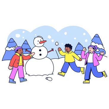 A group of four children are playing in the snow. Two children are building a snowman, using large snowballs to form the base and torso. The snowman has a carrot for a nose and stones for eyes and buttons. Nearby, two other children are engaged in a lively snowball fight, laughing as they throw snowballs at each other. The background features a winter landscape with snow-covered trees and a clear blue sky.