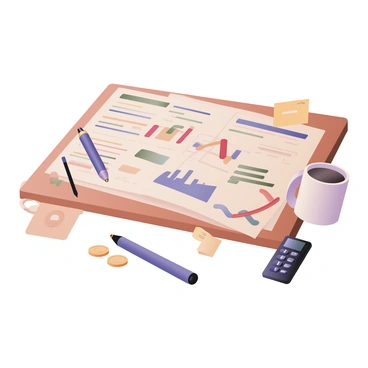 A digital flat illustration depicting a vibrant expense report spread out on a wooden desk. The expense report has a variety of colorful charts and graphs, with bright reds, blues, and greens representing different categories of expenses. Surrounding the report are several office supplies, including a blue pen, a yellow sticky note, and a small calculator with black buttons. The desk is cluttered with a coffee mug, which has a simple design, and some loose change scattered nearby. The overall scene is well-lit, emphasizing the details of the expense report and office items.