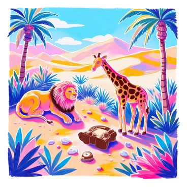 A safari scene features various animals made of chocolate positioned throughout a Dubai desert landscape. There is a chocolate lion lying on a sandy dune, its mane detailed with swirling patterns of dark and milk chocolate. Nearby, a chocolate giraffe stretches its neck towards the sky, with its distinctive spots meticulously crafted. A chocolate elephant stands majestically, its trunk raised and ears spread wide. In the background, the iconic sand dunes of Dubai rise under a bright blue sky, with patches of golden sand glistening in the sunlight. A few palm trees, made of ganache, add a touch of greenery to the scene. The animals are surrounded by small chocolate rocks and delicate chocolate shrubs, enhancing the safari atmosphere.