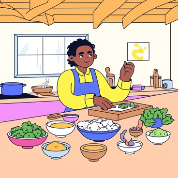 Kartini stands at a wooden table in a rustic kitchen, preparing a traditional meal. She is surrounded by various spices in small bowls, including turmeric, coriander, and chili, along with fresh ingredients like green vegetables, herbs, and rice. The kitchen has exposed wooden beams and warm light filtering through a window, casting a soft glow on the scene. On the stove, a pot simmers, adding to the atmosphere of cooking. A few wooden utensils and a cutting board are also visible on the table.