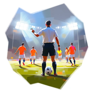 A referee officiating a night game under bright floodlights, with a dramatic atmosphere.