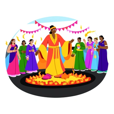 A participant wearing colorful traditional attire is confidently walking over a bed of glowing hot coals. The coals emit bright orange and red hues, contrasting with the dark ground beneath. Onlookers, dressed in festive clothing, surround the scene with expressions of excitement and encouragement. The participant's feet are lifted slightly as they step, with sparks occasionally flying up from the coals. In the background, decorative banners and flickering torches add to the vibrant atmosphere of the traditional firewalking ceremony.