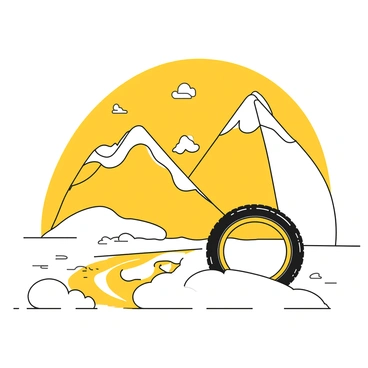 A bike tire track winding through freshly fallen snow, creating a distinct pattern on the smooth white surface. The surrounding area features untouched snow glistening under the light. In the background, distant snow-capped peaks rise majestically against the sky, their sharp outlines contrasting with the softness of the foreground. The scene captures a sense of quiet and tranquility in a winter landscape.