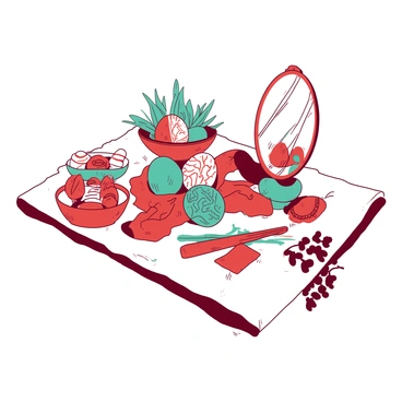 A white Haft-Sin table is elegantly arranged with decorated painted eggs in various colors, symbolizing fertility and new life. Each egg features intricate patterns and designs, showcasing shades of red and teal. Surrounding the eggs are traditional items, including a small mirror reflecting the vibrant colors of the eggs, a bowl of sweet pastries, and fresh greenery. The tablecloth is adorned with detailed floral motifs, complementing the festive arrangement. The overall scene captures the essence of celebration and renewal.