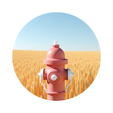 A red fire hydrant, with a shiny surface and white caps on the top, stands prominently in the center of a vast field of tall, golden wheat. The wheat sways gently in the breeze, creating waves of gold that shimmer under the sunlight. The sky above is a clear blue, providing a bright backdrop to the scene. The hydrant's bright color contrasts vividly against the warm tones of the wheat, making it a focal point in this rural landscape.