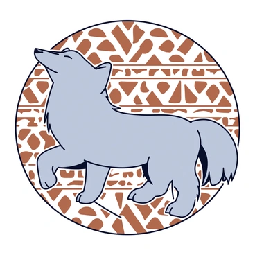 A wolf with a thick gray fur coat is positioned in a howling stance, its head tilted back. The wolf's eyes are closed as it emits a loud howl, expressing a connection to the wild. The background features a repeating tribal pattern in earthy tones, with sharp lines and geometric shapes. The design complements the wolf, emphasizing the theme of nature entwined with artistic expression. The overall image has a harmonious feel, capturing the essence of wildlife alongside cultural artistry.