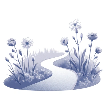 A winding path meanders through a vibrant garden. The path is flanked by tall flowers, each displaying distinct shapes and sizes. These flowers are in full bloom, showcasing an array of intricate petals and textures. The scene captures a lush and diverse botanical environment, with some flowers reaching towards the sky while others lean gently along the path. The composition evokes a sense of natural beauty and peacefulness.