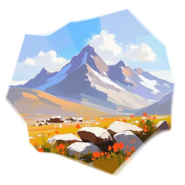 A vast mountain range with towering peaks under a clear blue sky. The mountains are richly textured, showcasing rocky outcrops and patches of green vegetation. Gentle breezes flow through the valleys, causing the grass and wildflowers at lower elevations to sway softly. Wisps of clouds lazily drift across the sky, adding a touch of movement to the serene landscape. Sunlight bathes the mountainside, highlighting the intricate details of the terrain.