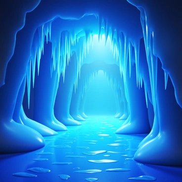 A 3D icon of icy caverns filled with sparkling icicles. The caverns are intricately shaped, with walls made of translucent ice. The icicles hang from the ceiling, reflecting light in various colors. Light filters through the ice, creating shimmering patterns on the cavern floor. The atmosphere is cool, with a bluish tint throughout the scene.