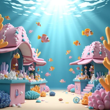 A vibrant underwater marketplace teeming with colorful tropical fish. Various species of fish, such as clownfish, angelfish, and parrotfish, are swimming among coral structures that resemble market stalls. Each stall is adorned with an array of shiny objects, including pearls, polished shells, and glittering stones. Some fish are exchanging these shiny treasures, while others swim curiously, inspecting the wares. Sunlight filters through the water above, casting shimmering patterns on the ocean floor, enhancing the lively atmosphere of this bustling underwater trade.