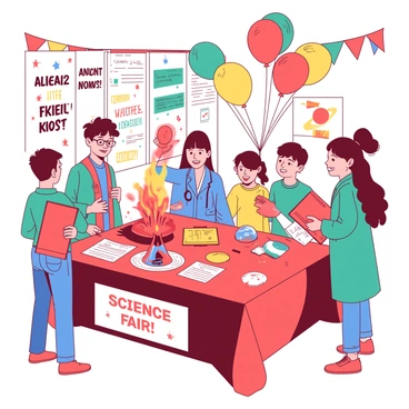 A group of excited students is standing around a bright red display table at a lively science fair. Each student is presenting their unique project, which includes colorful posters and hands-on experiments. One student, wearing a teal lab coat, is demonstrating a small volcano that erupts with red fizzy liquid. Another student, holding an orange clipboard, eagerly explains their solar system model to a small crowd. Balloons in various colors are floating above the tables, adding to the festive atmosphere of the event. The background features banners displaying science-themed slogans and vibrant decorations.