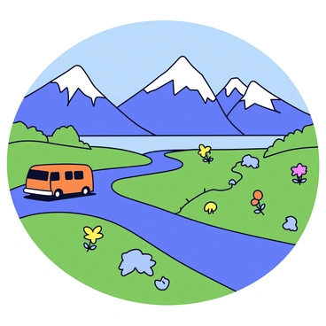 A winding road stretches through the vibrant landscapes of Chilean Patagonia. On this road, there is a bright orange camper van parked to the side. The background features majestic mountains with snow-capped peaks under a clear blue sky. Lush greenery and patches of wildflowers dot the roadside, creating a colorful contrast against the rocky terrain. In the distance, a glacial lake reflects the surrounding natural beauty.