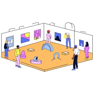 A spacious art gallery with white walls and polished wooden floors. The gallery features several modern paintings with bold colors and abstract shapes displayed on the walls. In the center of the room, there are unique sculptures of varying sizes and materials, including metal, glass, and stone. The lighting is bright, highlighting the details of each artwork, creating a vibrant atmosphere. Visitors are scattered throughout the gallery, engaged in conversation and admiring the pieces.