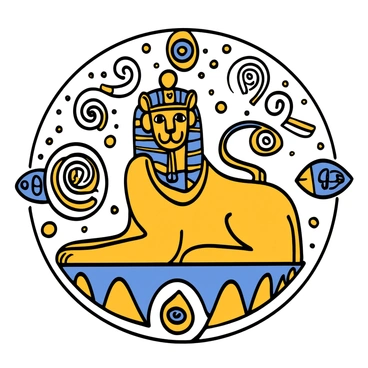 A majestic sphinx with a lion's body and a woman's head is sitting regally. The sphinx has detailed, elegant features and wears a jeweled headdress. Surrounding the sphinx are intricate patterns and mystical symbols, including spirals and geometric shapes. The colors of the patterns are rich gold and deep blue, contrasting beautifully with the natural stone of the sphinx. The scene conveys a sense of ancient mystery and grandeur.