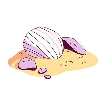 A white beautifully glittering seashell is lying on a sandy beach, partially buried in the sand. The seashell has intricate patterns shimmering in the sunlight. Surrounding the seashell, there are several plain rocks of various sizes, each with a rough texture and muted tones. The sand is soft and golden, creating a contrast with the glittering shell and the rugged rocks.