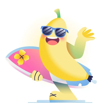 A cute cartoon character made from a happy banana wearing sunglasses and holding a surfboard.