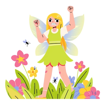 A fairy with iridescent wings, featuring shades of green and blue, stands in a vibrant garden filled with various colorful flowers. Her furious expression shows her gritted teeth and narrowed eyes, emphasizing her anger. She shakes her tiny fists above her head, and her long, flowing hair dances around her as she moves. In the background, lush green leaves and blooming flowers create a lively atmosphere, while a few startled insects hover nearby, reacting to her outburst.