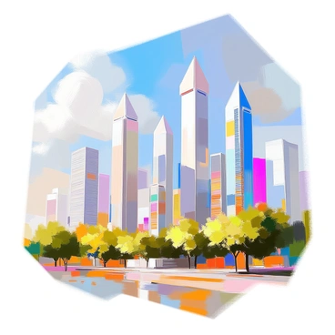 A city skyline featuring multiple skyscrapers, each uniquely designed to resemble upward-pointing arrows, symbolizing economic growth. The buildings vary in height and are constructed with glass and steel, reflecting the sunlight. In the foreground, there are trees and a park area, providing a contrast to the tall structures. The sky is bright with a few fluffy clouds, enhancing the sense of brightness and vitality in the urban landscape.