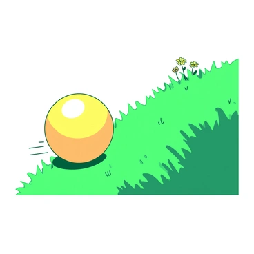 A bright yellow ball is rolling downhill on a vibrant green grassy slope. The ball is slightly blurred to indicate motion as it picks up speed. The slope is gently inclined, covered with lush, thick grass. In the background, there are a few scattered wildflowers adding pops of color against the greenery. The scene captures the dynamic movement of the ball as it descends the slope.
