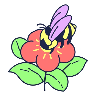 A bee is perched on a bright red blossom, its delicate wings outstretched. The bee, with its fuzzy body and distinct striped pattern, is intently drinking nectar from the flower's center. The blossom is surrounded by lush green leaves that provide a vivid contrast. The petals of the flower are open and slightly curved, showcasing the inner details. A soft, natural light illuminates the scene, highlighting the bee's intricate features as it interacts with the flower's vibrant bloom.