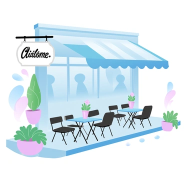 A charming street-side cafe with small tables and chairs lined up on the sidewalk