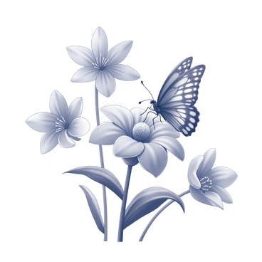 A butterfly with intricate wing patterns is perched on a flower. The flower has large, vivid petals shaped like a starburst. The butterfly is extending its proboscis towards the center of the flower, where droplets of nectar are visible. In the background, there are additional flowers with various shapes and sizes, creating a lush environment. The scene is filled with details that highlight the delicate features of the butterfly and the textures of the flower petals.
