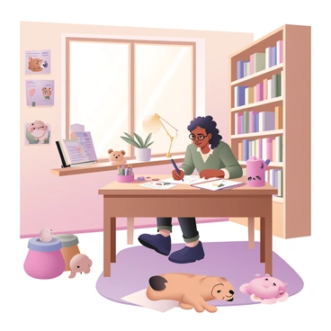 An illustrator is sitting at a wooden desk in a sunny room filled with light. The walls are painted in soft pastel colors, and there are bookshelves filled with colorful children's books. The illustrator is focused on their work, creating whimsical characters for a children's book. They have medium skin and curly hair, wearing round glasses. Various art supplies are scattered across the desk, including colored pencils, markers, and sketch paper. A large window allows sunlight to stream in, illuminating a small potted plant on the windowsill. There are sketches of cheerful characters, like a smiling bear and a happy rabbit, displayed around the room. A playful dog is lying on a cozy rug nearby, watching the illustrator.